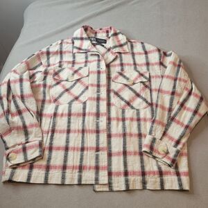Zara Italian Fabric Cream Red Black Plaid Oversized Button Jacket Size M